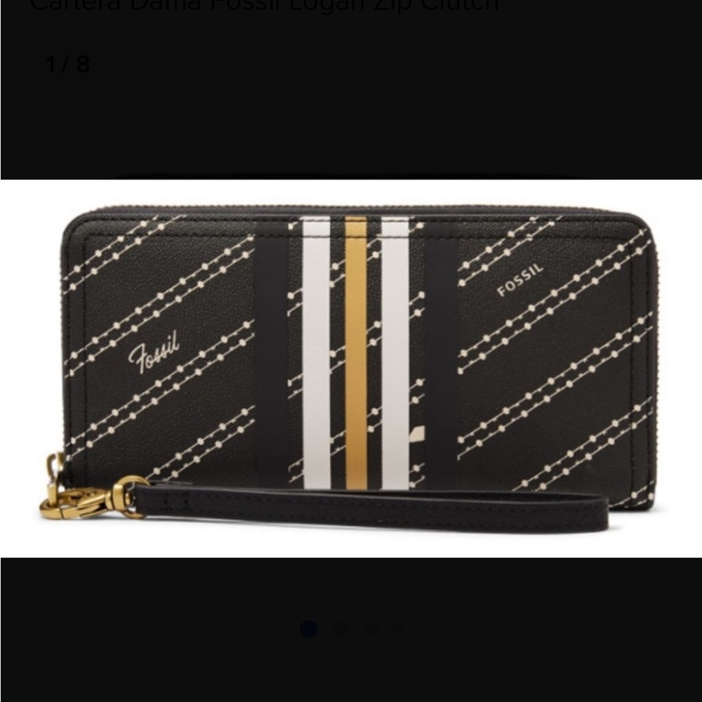 Fossil Logan RFID Zip Around Clutch Wallet Wristlet Black Bone Gold NEW!